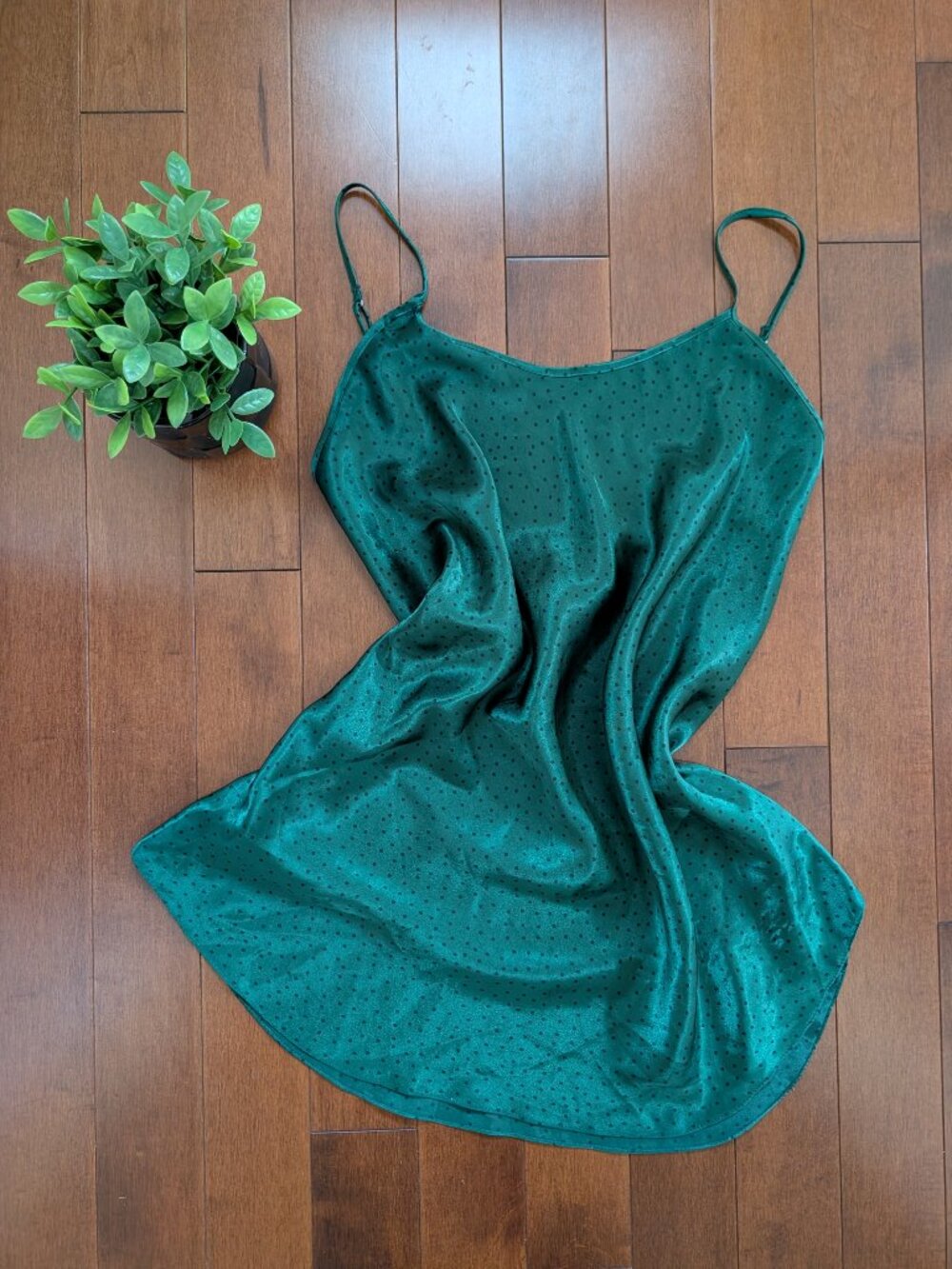 EMERALD GREEN POLKA DOT VINTAGE SATIN SLIP DRESS